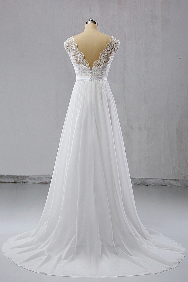 A-line V-neck Sleeveless Sweep / Brush Train Tulle Bridal Gown With Ribbons 2