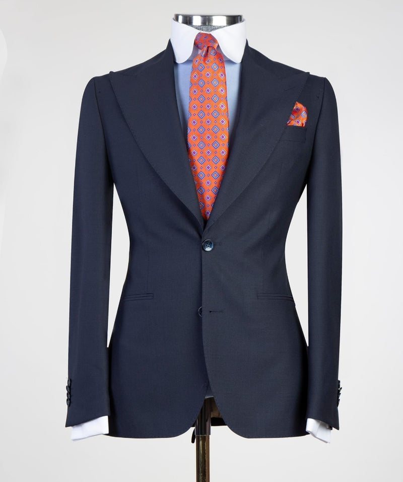 Dark Navy Peaked Lapel Three Pieces Business Men Suit 4