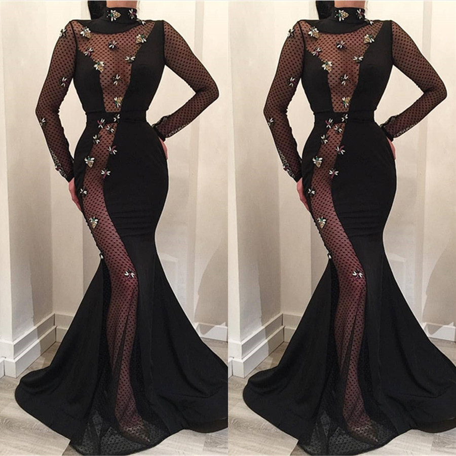 Mermaid High Neck Long Sleeves Floor-length Satin Evening Dress With Sweep / Brush Train 2