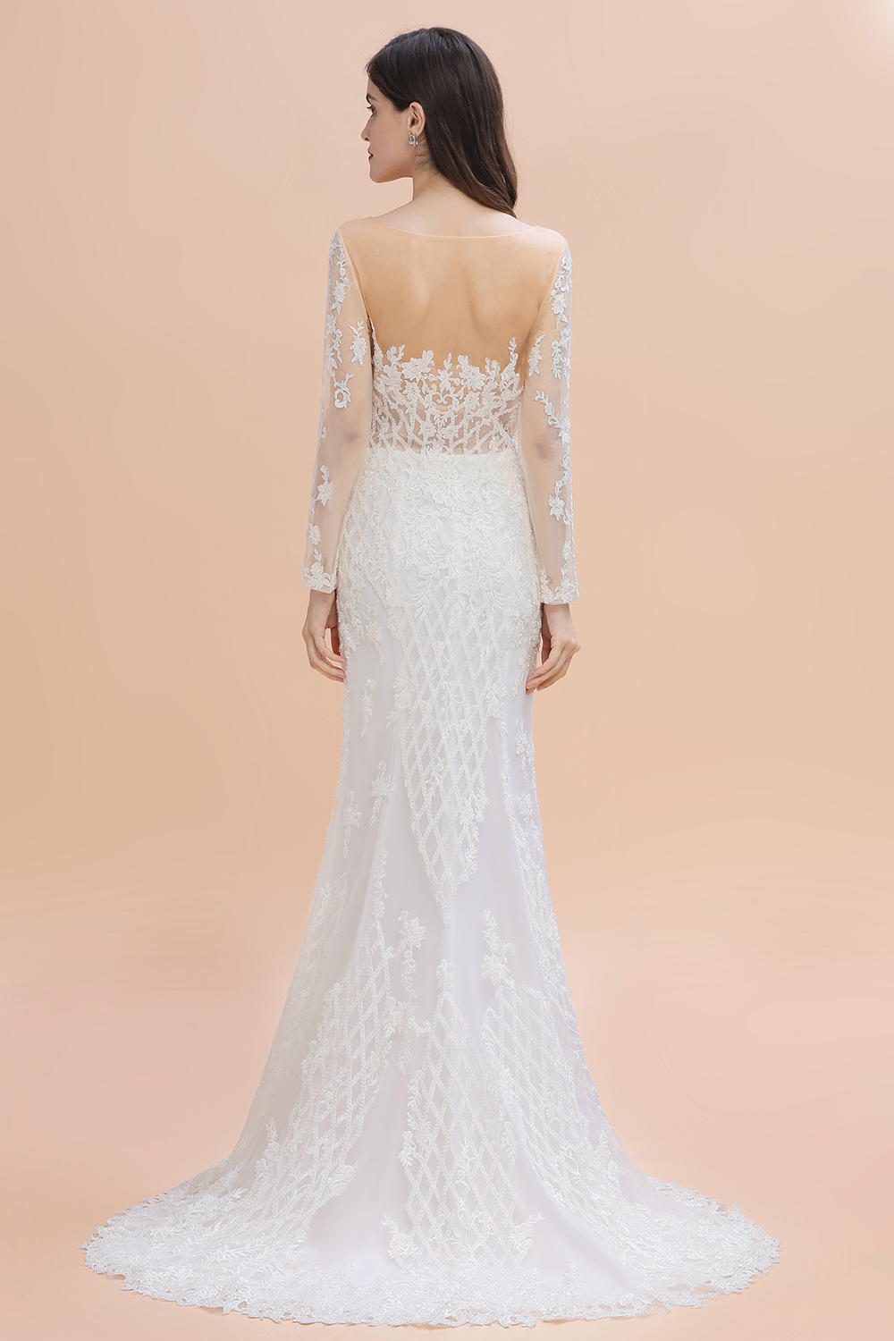 Mermaid Jewel Neck Long Sleeves Chapel Train Tulle Wedding Gown With Lace 4