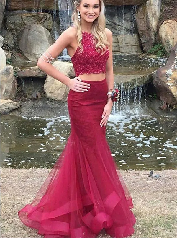 Two Piece Beaded Halter Mermaid Tulle Evening Dress 1
