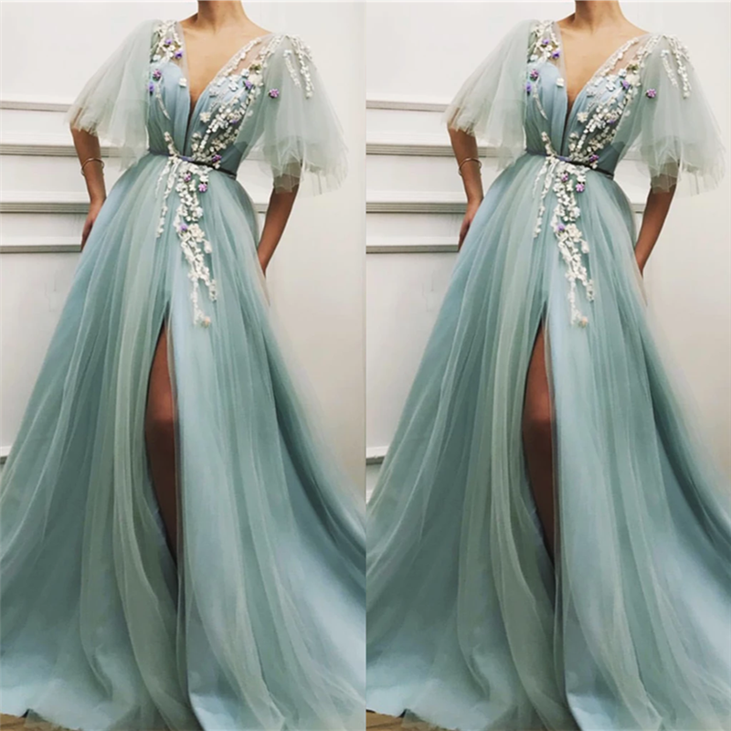 A-line Plunging Neckline Half-Sleeves Floor-length Tulle Formal Wear With Appliques 2