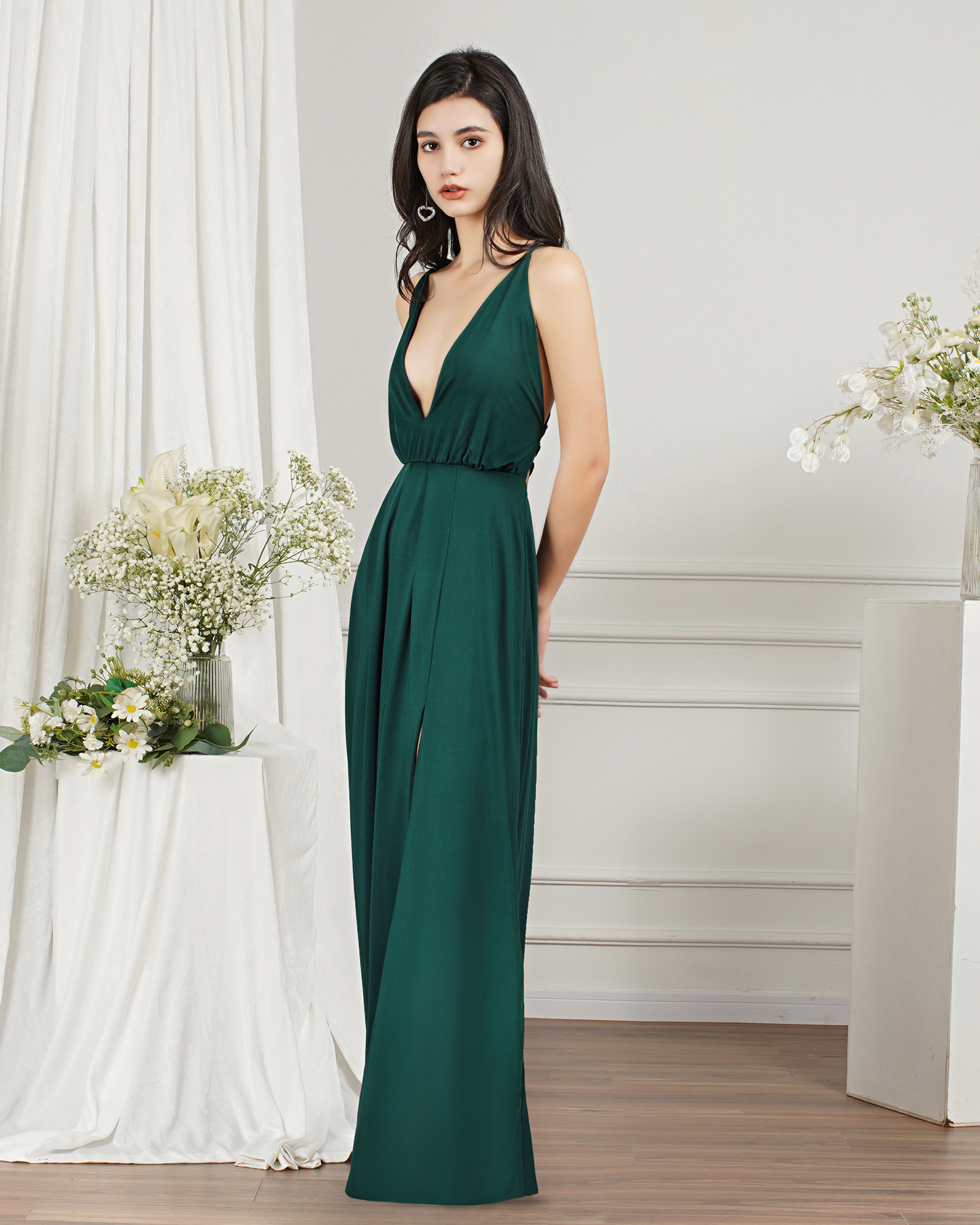 A-line V-neck Sleeveless Floor-length Spandex Evening Dress With Ruffles 12