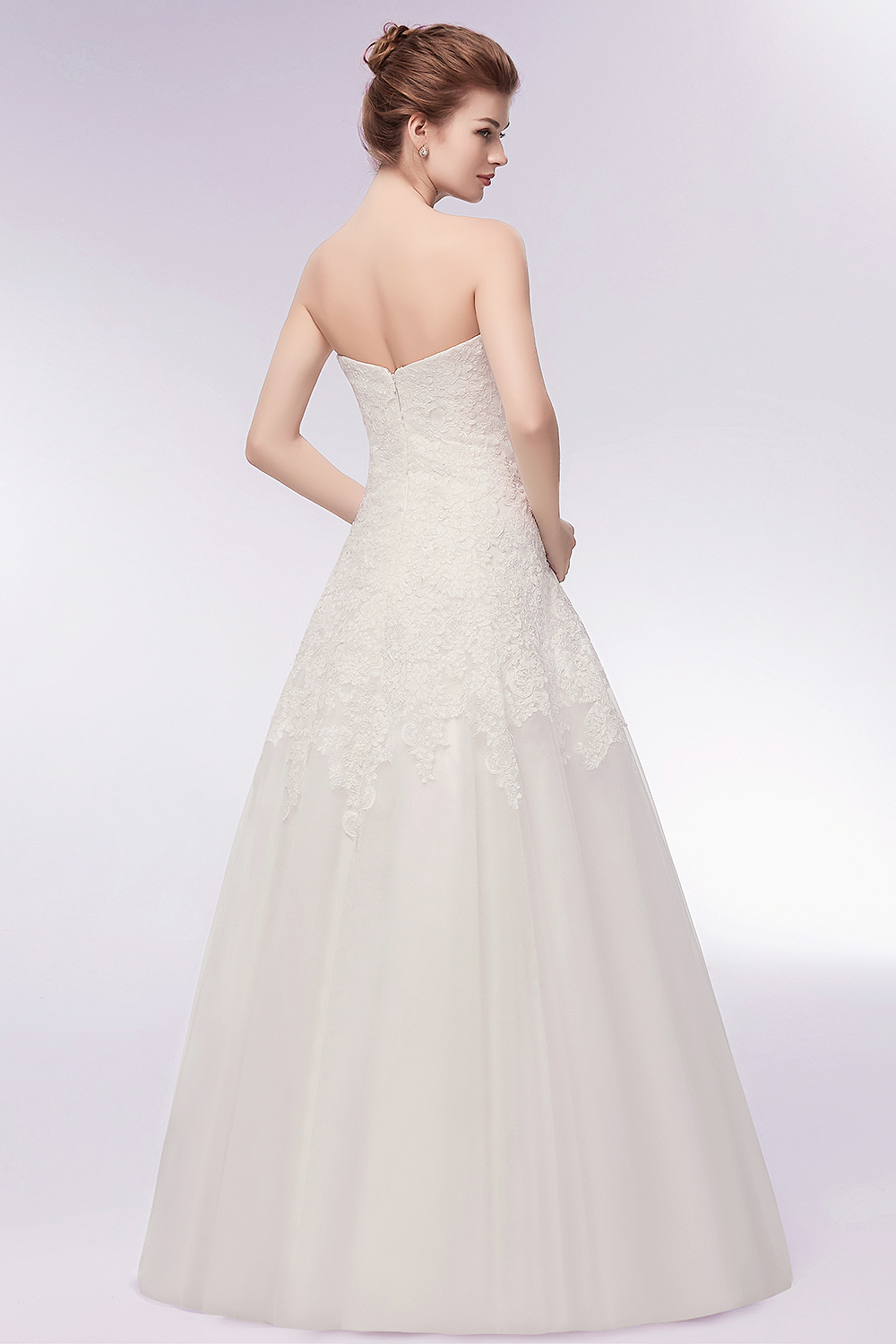 A-line Strapless Sweetheart Neck Sleeveless Floor-length Tulle Bridal Gown With Lace 9
