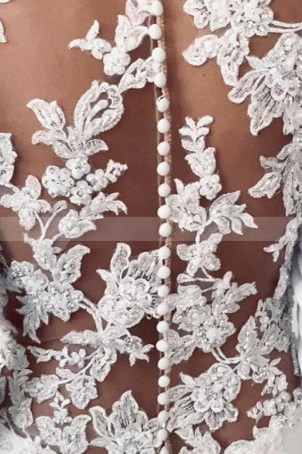 Column Jewel Neck Long Sleeves Cathedral Train Satin Wedding Gown With Beading 3