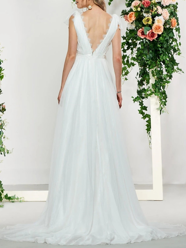 A-line V-neck Sleeveless Sweep / Brush Train Lace Bridal Gown With Buttons 2