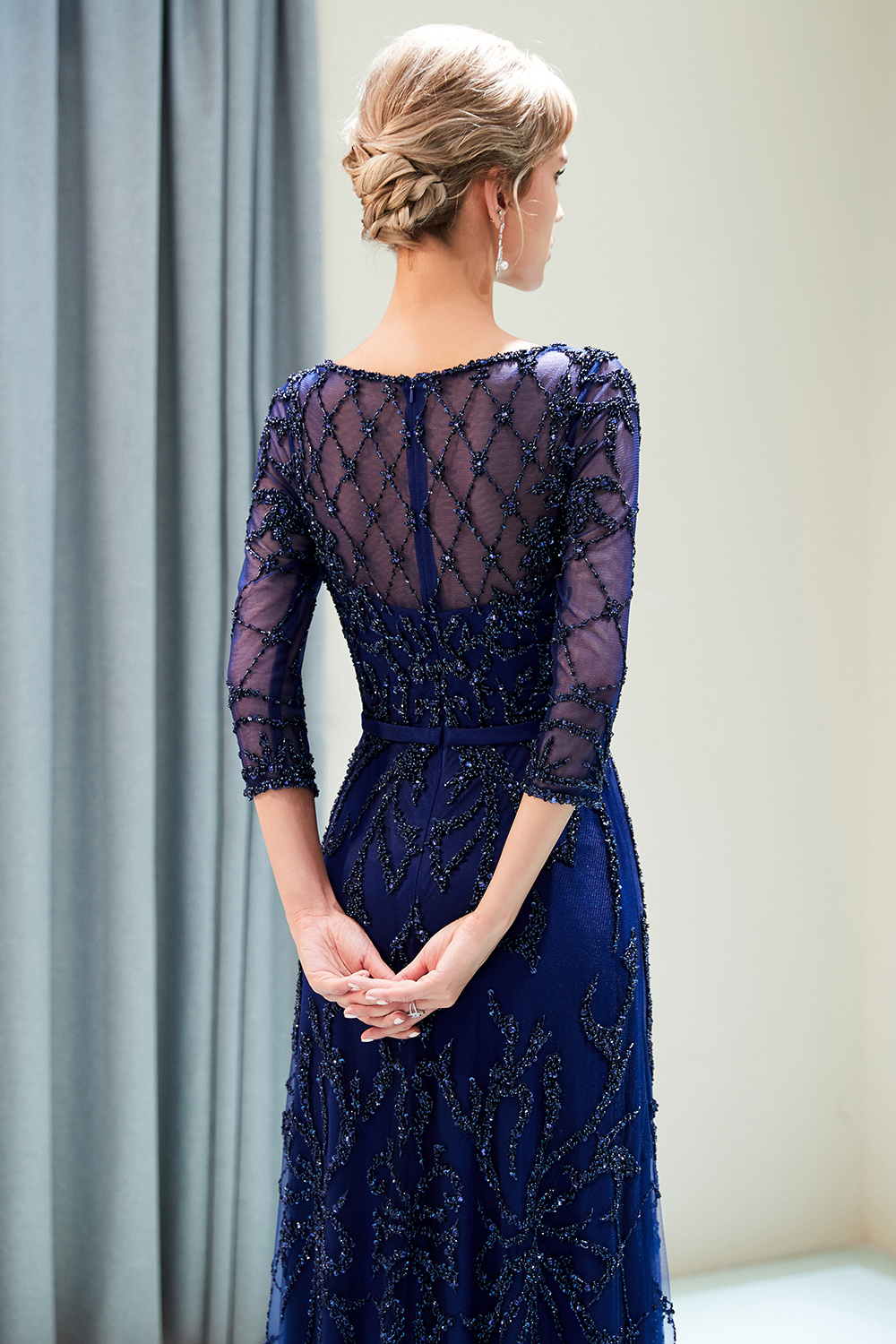 A-line Scoop Neck 3/4-Length Sleeves Sweep / Brush Train Tulle Evening Dress With Crystal 19