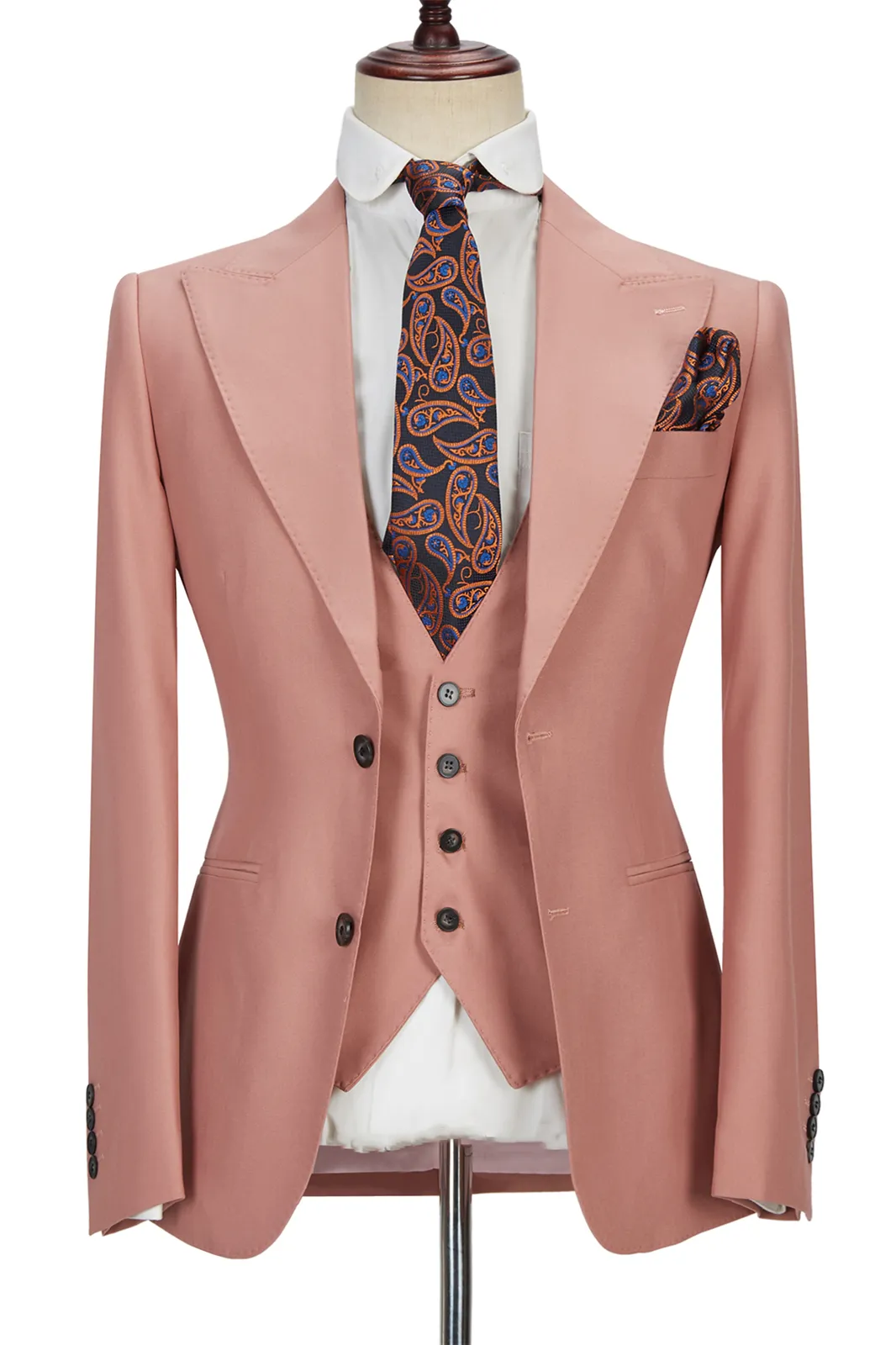 Coral Pink 3 Piece Men's Suit with Two Buttons and Peak Lapel 1