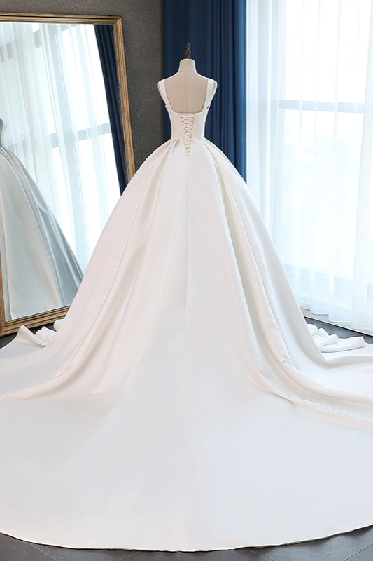 Ball Gown Straps Square Neck Sleeveless Floor-length Satin Wedding Dress With Ruffles 2