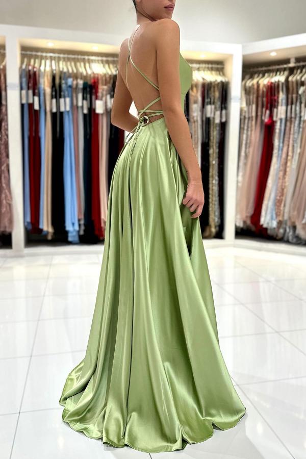 Column Spaghetti Straps Sleeveless Floor-length Stretch Satin Evening Dress With Ruffles 3