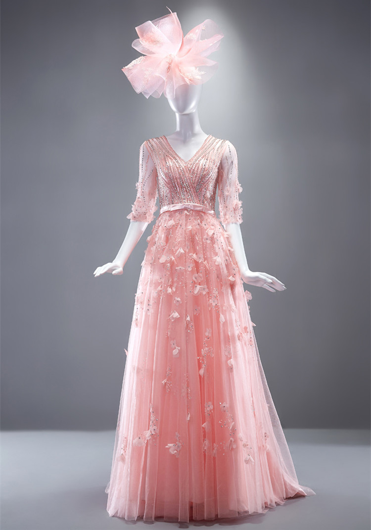 A-line V-neck Half-Sleeves Floor-length Tulle Evening Dress With Flower(s) 4