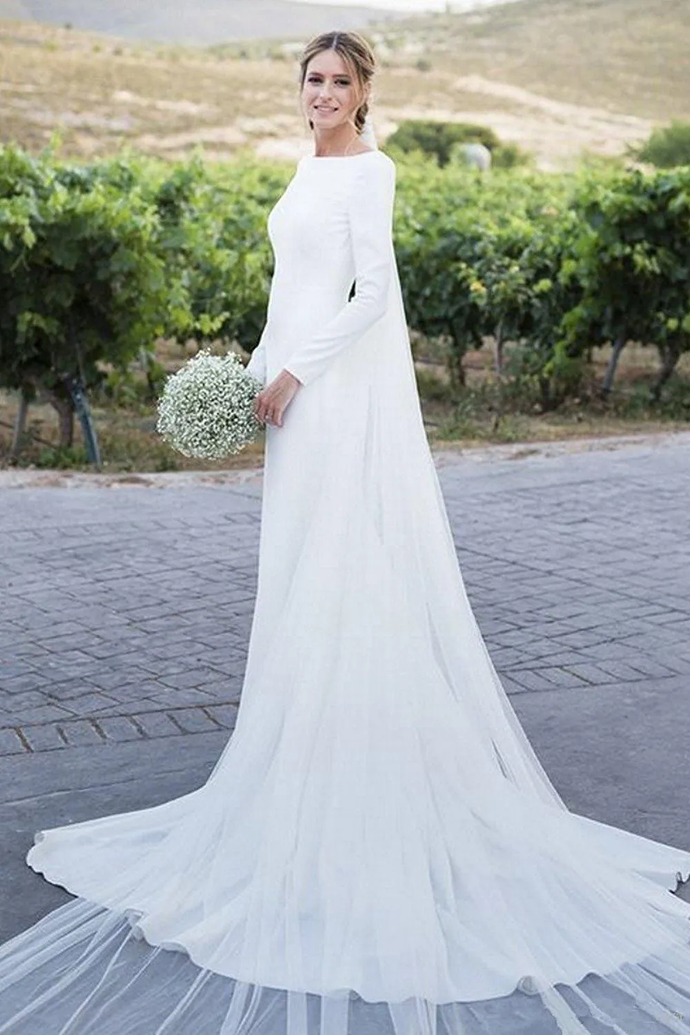 Column Bateau Neck Satin Wedding Dress With Court Train 1