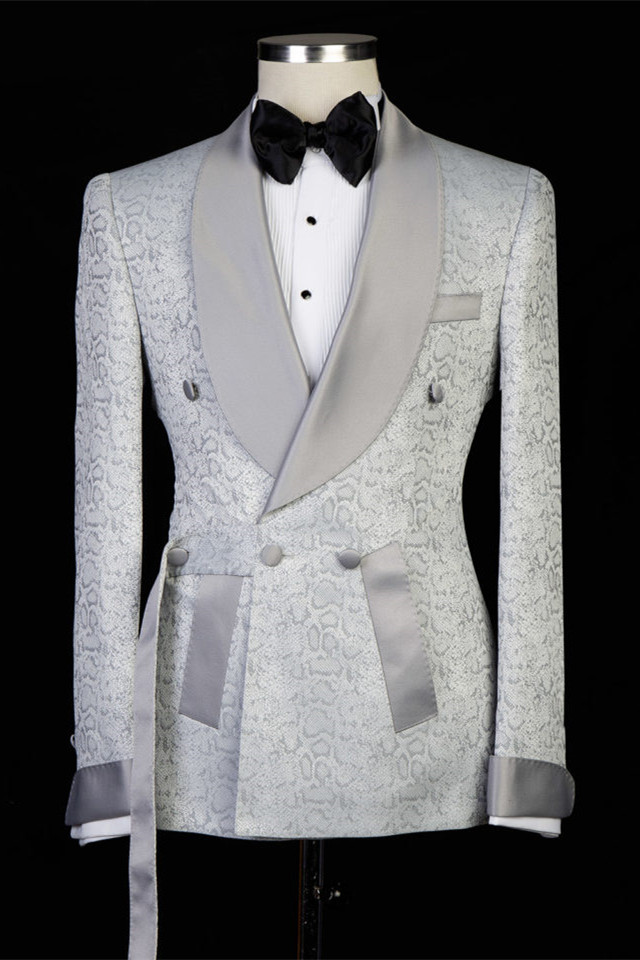 Silver Double Breasted Men's Suit with Shawl Lapel for Wedding 4