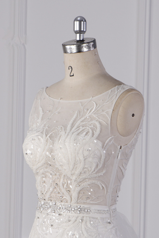 Column Jewel Neck Sleeveless Floor-length Tulle Bridal Attire With Appliques 4