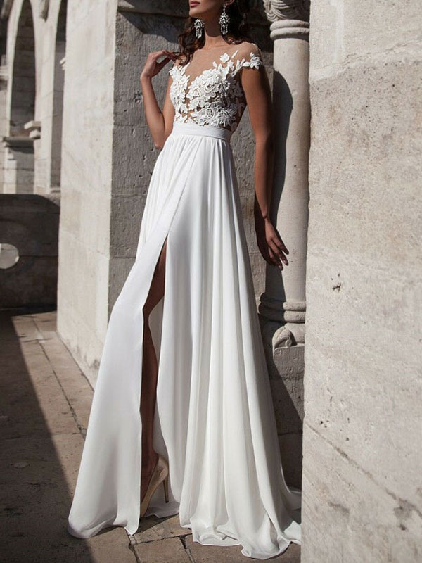 A-line V-neck Sleeveless Sweep / Brush Train 100D Chiffon Bridal Dress With Buttons 3