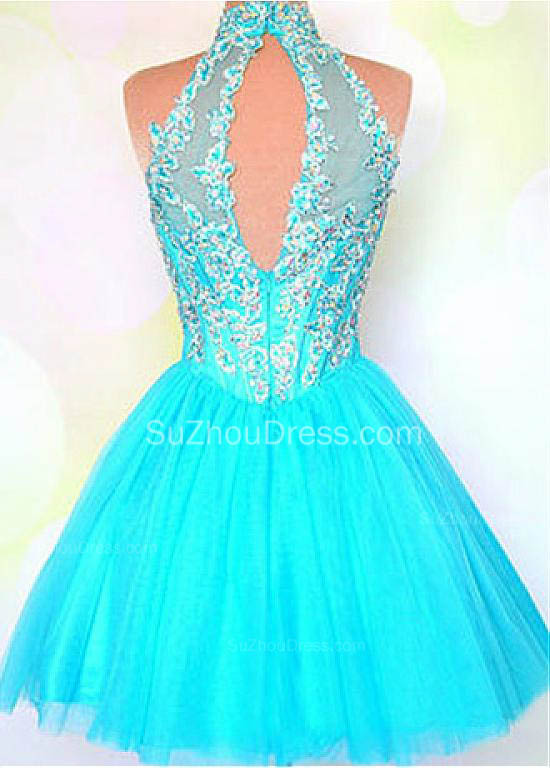 A-line High Neck Sleeveless Mini Tulle Cocktail Party Dress With Appliques 2