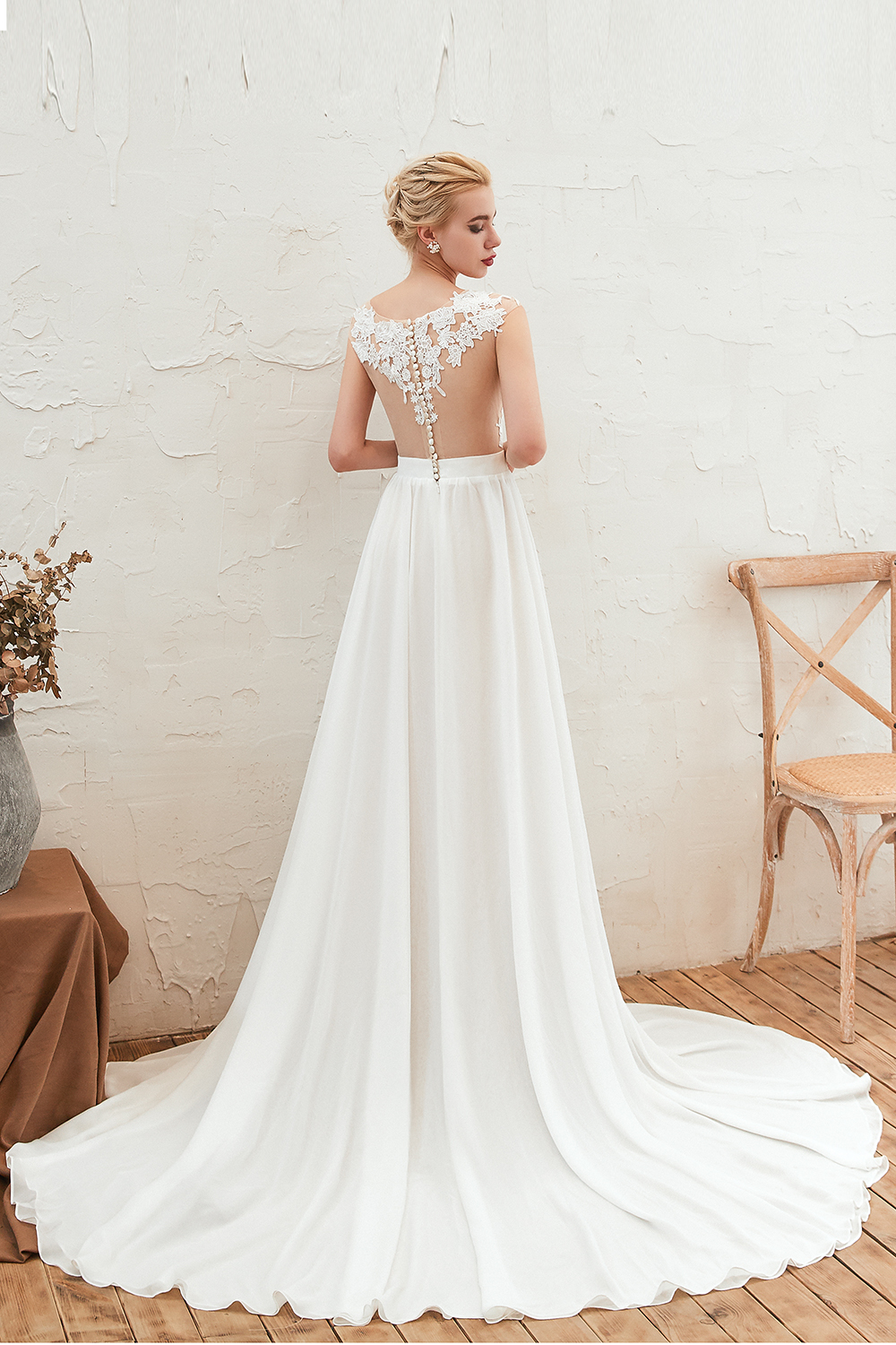 A-line Jewel Neck Half-Sleeves Chapel Train Tulle Bridal Gown With Lace 9