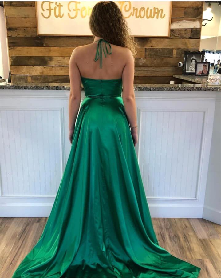 A-line Spaghetti Straps V-neck Sleeveless Floor-length Elastic Silk-like Satin Formal Dress With Split Front 4
