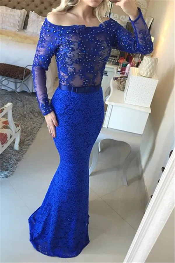 Mermaid Bateau Neck Long Sleeves Floor-length Evening Dress With Lace 1