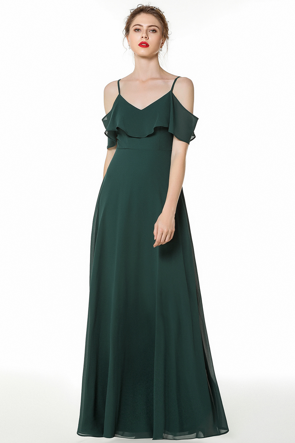 A-line Spaghetti Straps Sleeveless Sweep / Brush Train 100D Chiffon Bridesmaid Gown With Tiered 3