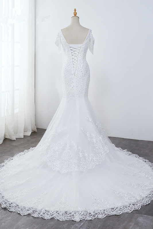 Mermaid V-neck Sleeveless Floor-length Tulle Wedding Dress With Beading 2
