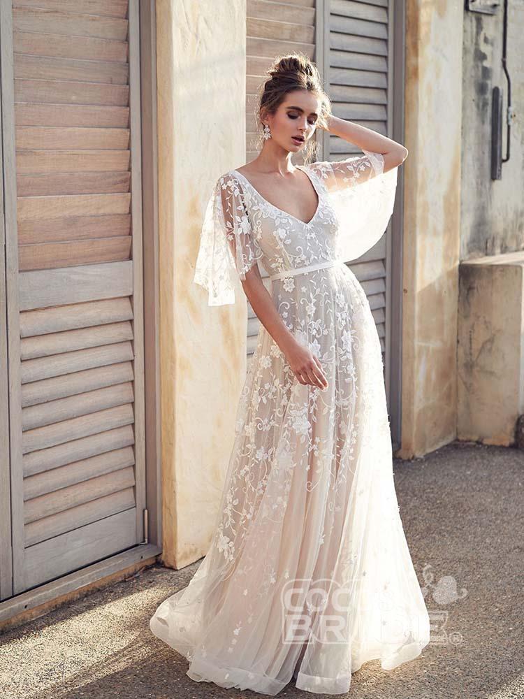 V-neck Half-Sleeves Tulle Bridal Dress With Lace 5