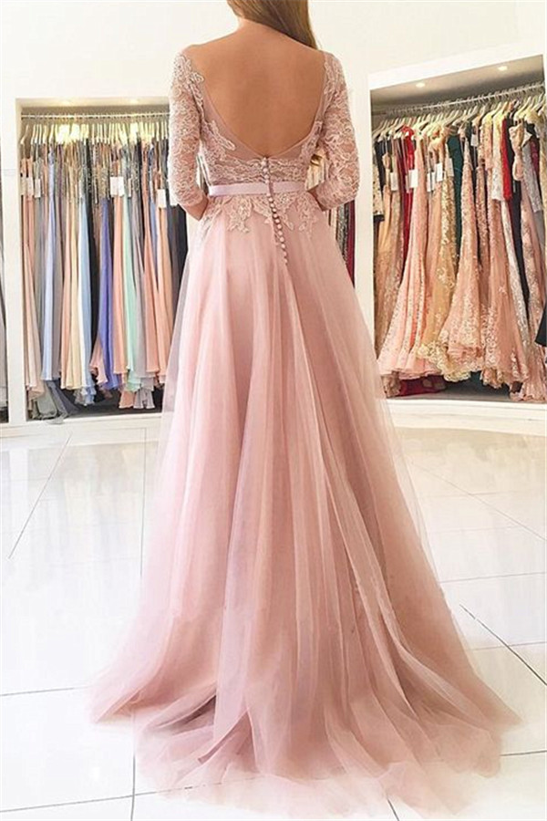 A-line Bateau Neck Sweep / Brush Train Tulle Homecoming Dress With Lace 2