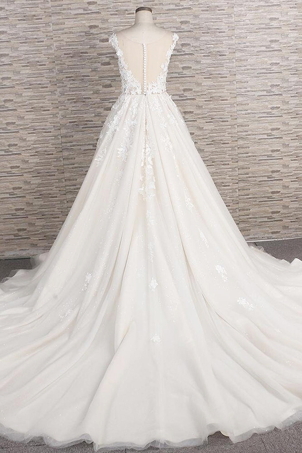 A-line Jewel Neck Sleeveless Chapel Train Tulle Bridal Gown With Appliques 2