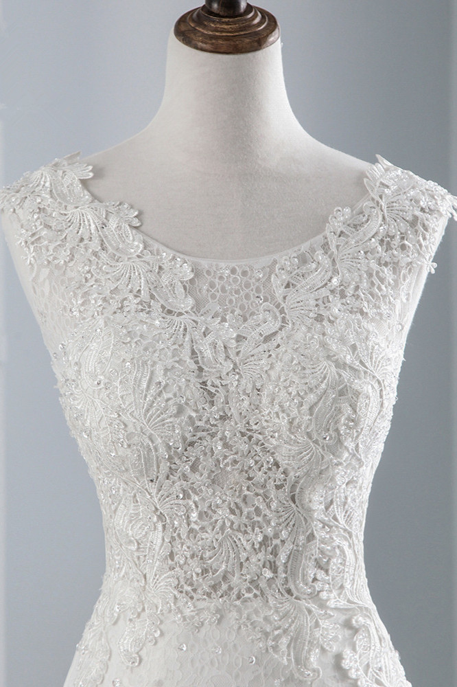 Mermaid Jewel Neck Sleeveless Floor-length Tulle Bridal Dress With Lace 5