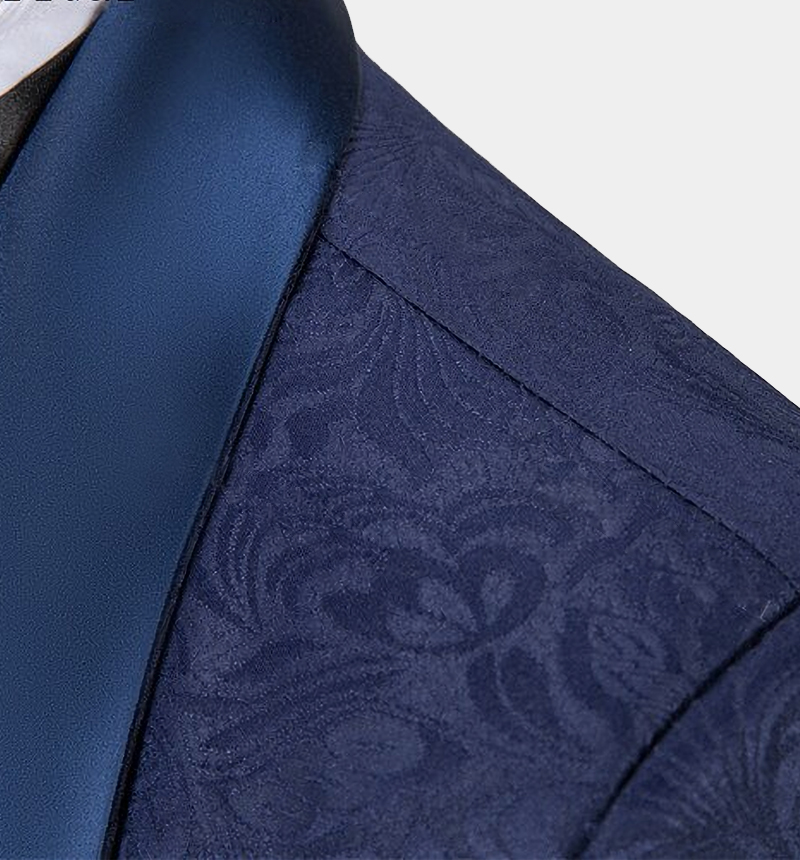 Navy Blue Bespoke Jacquard Three-Piece Tuxedo 4
