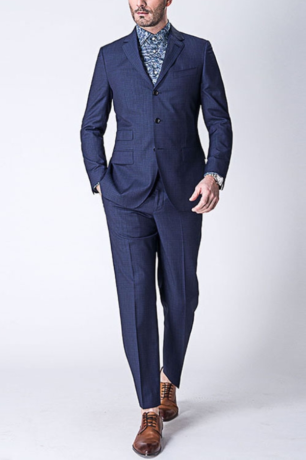 Navy Blue Single Breasted Wool Blend Men's Business Suit with Three Buttons Short Notch Lapel 1