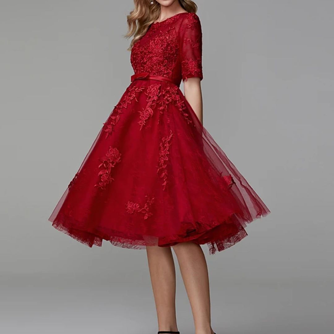 A-line Jewel Neck Short Sleeves Tea-length Tulle Party Dress With Ruffles 2