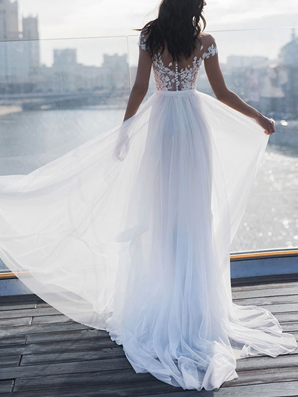 A-line Off-the-shoulder Short Sleeves Court Train Lace Wedding Gown With Lace 2
