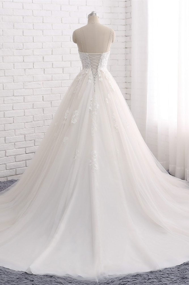 A-line Spaghetti Straps Floor-length Tulle Bridal Dress With Appliques 2