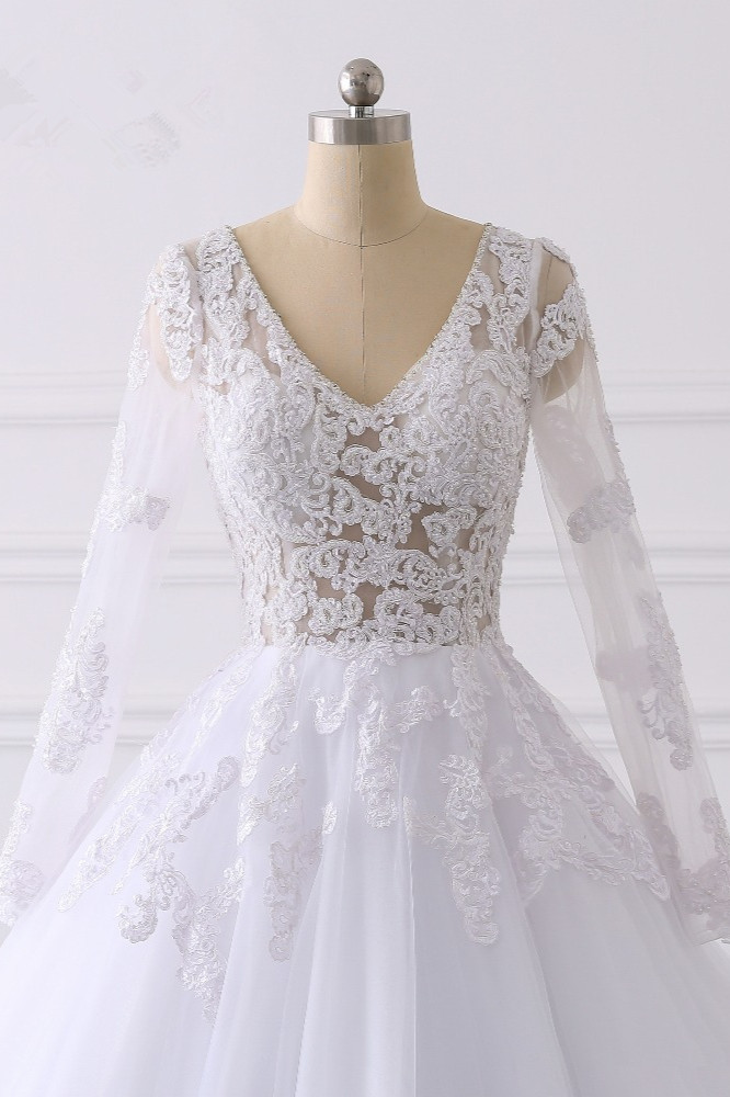 A-line V-neck Long Sleeves Floor-length Tulle Bridal Attire With Appliques 4