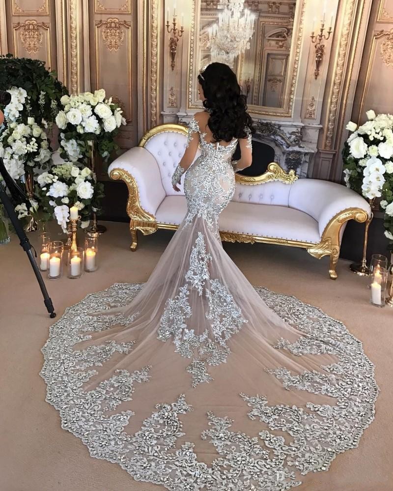 Mermaid High Neck Long Sleeves Court Train Wedding Gown With Crystal 2