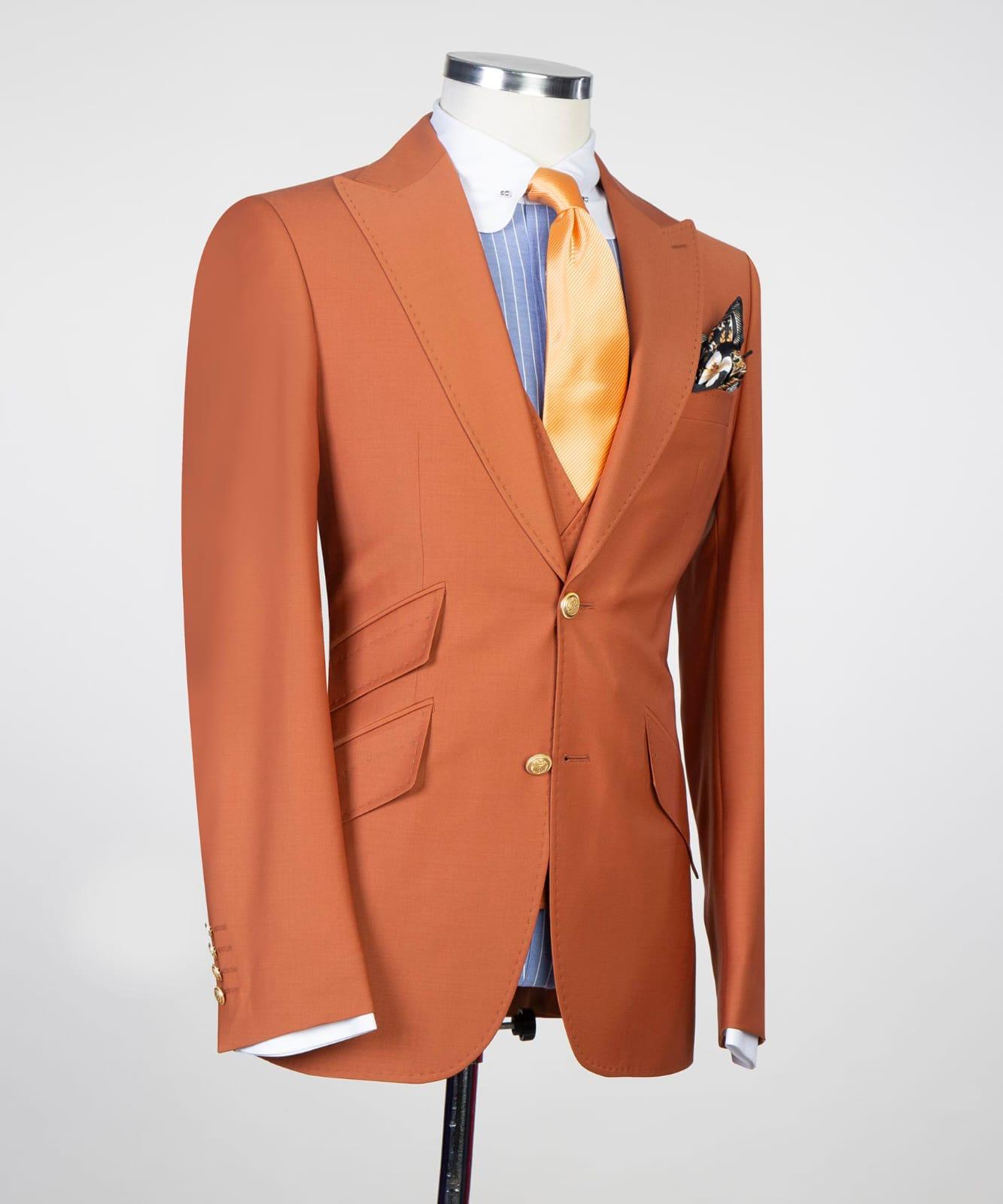 Orange Close Fitting Prom Men Suit with Peaked Lapel 3