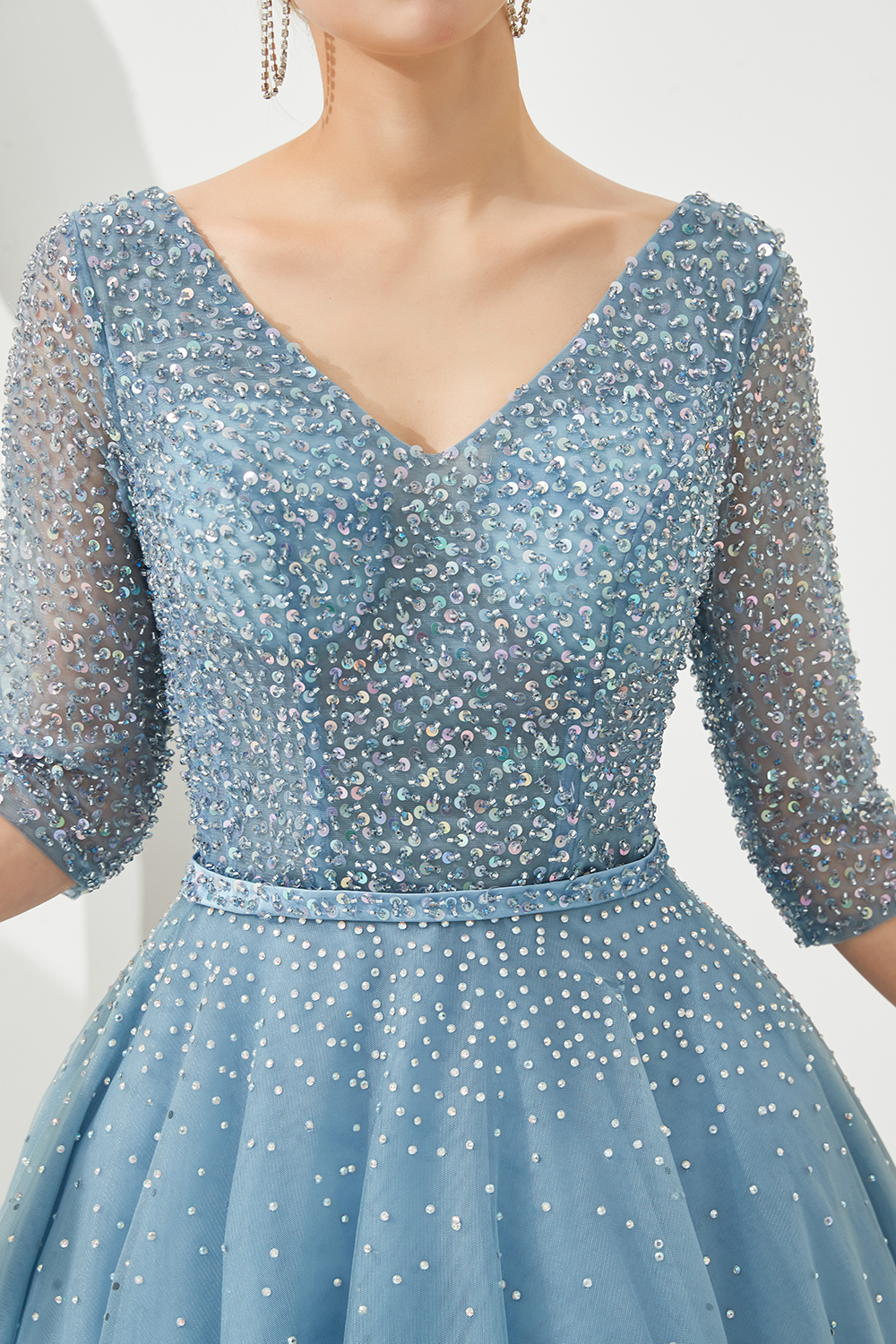 V-neck Half-Sleeves Sweep / Brush Train Tulle Formal Wear With Sequins 8