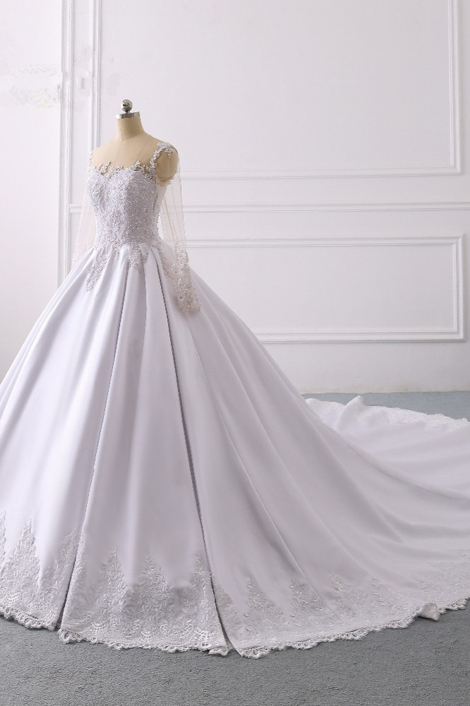 Ball Gown Jewel Neck Long Sleeves Floor-length Satin Wedding Dress With Lace 3