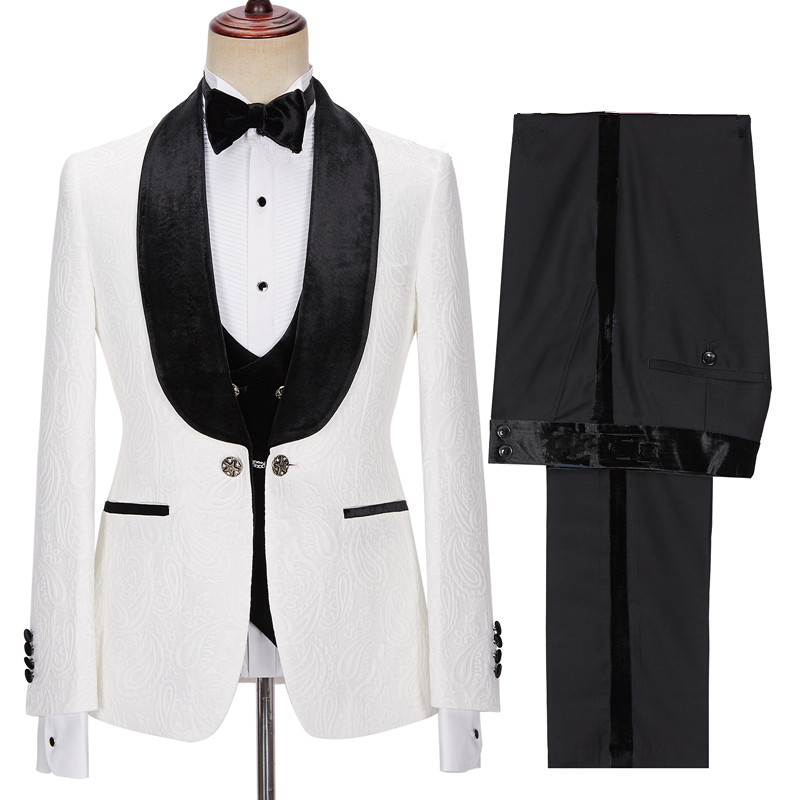 White Jacquard Three Pieces Men's Suit for Wedding 3