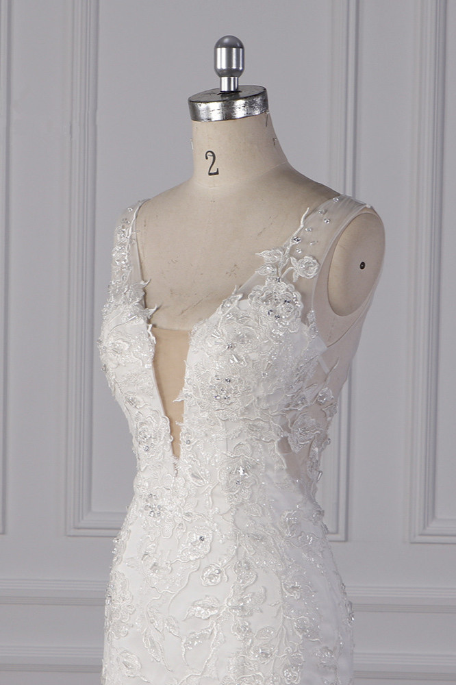 Mermaid Straps V-neck Sleeveless Floor-length Tulle Bridal Dress With Lace 5
