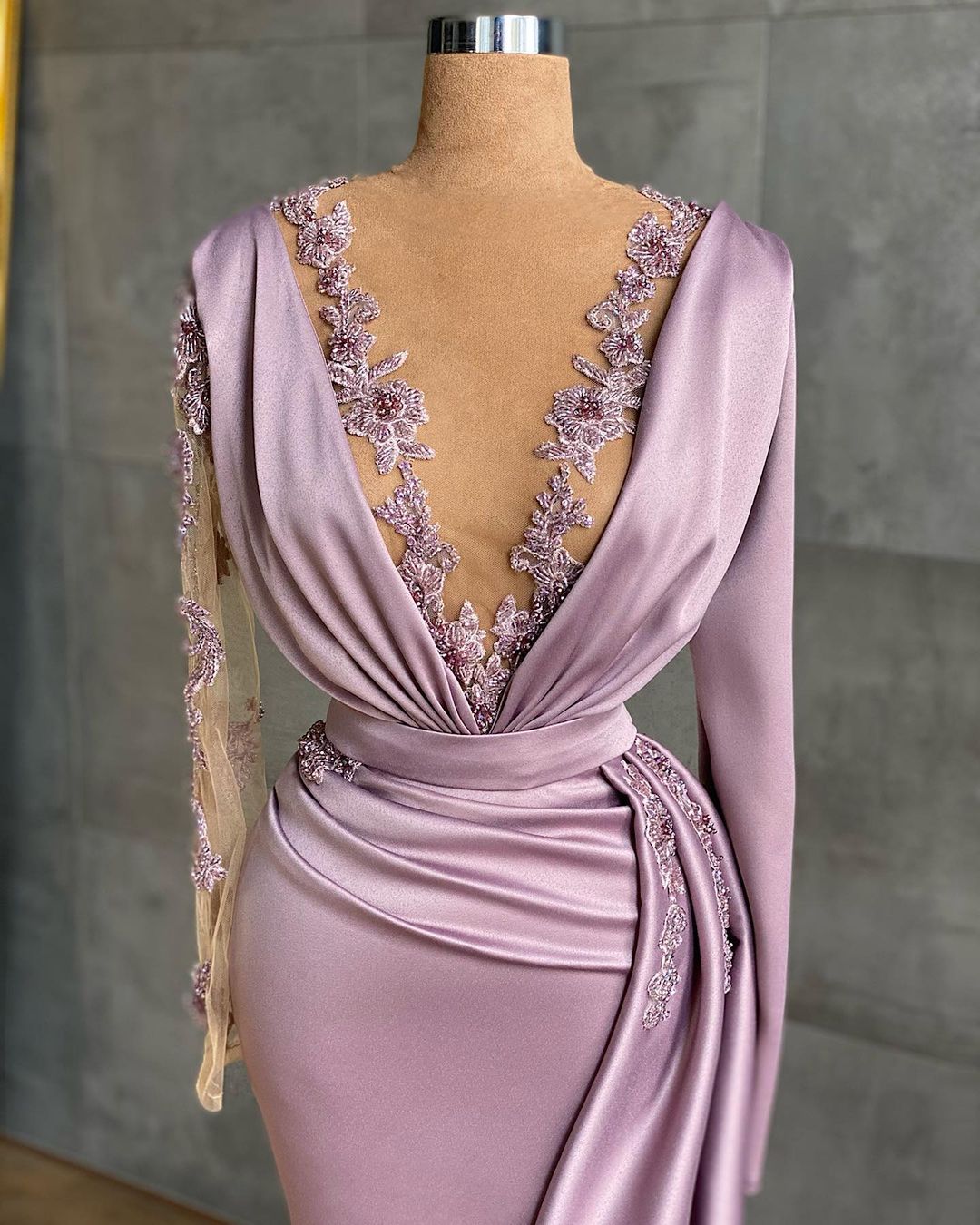 Mermaid Plunging Neckline Long Sleeves Floor-length Stretch Satin Prom Dress With Ruffles 2