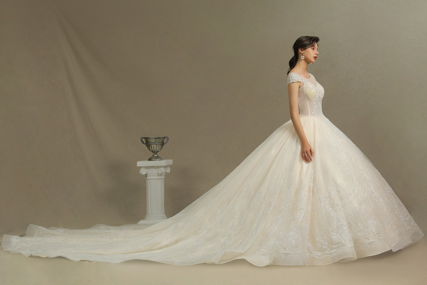 A-line Jewel Neck Sleeveless Cathedral Train Tulle Bridal Gown With Lace 6