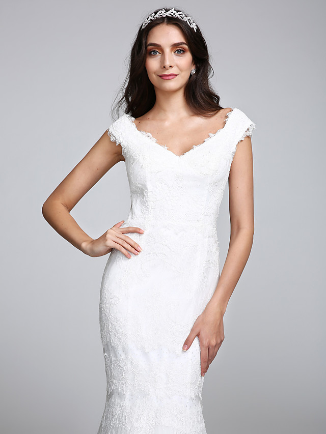 Mermaid V-neck Cap Sleeves Floor-length Tulle Bridal Attire With Lace 7