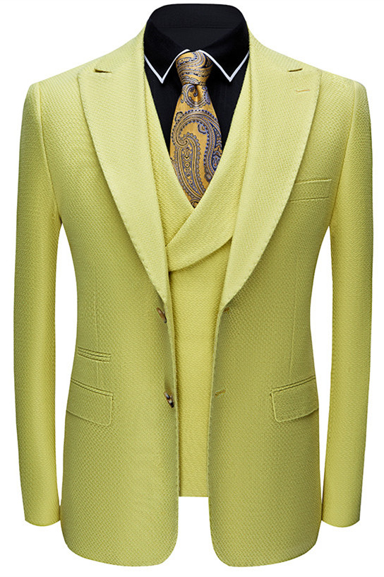Yellow Single Breasted Men's Suit with Peaked Lapel for Prom 1