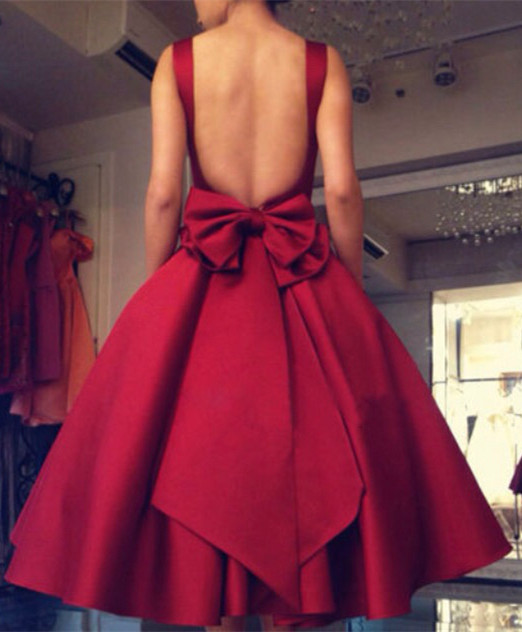 A-line Bateau Neck Sleeveless Tea-length Cocktail Party Dress With Bow 2