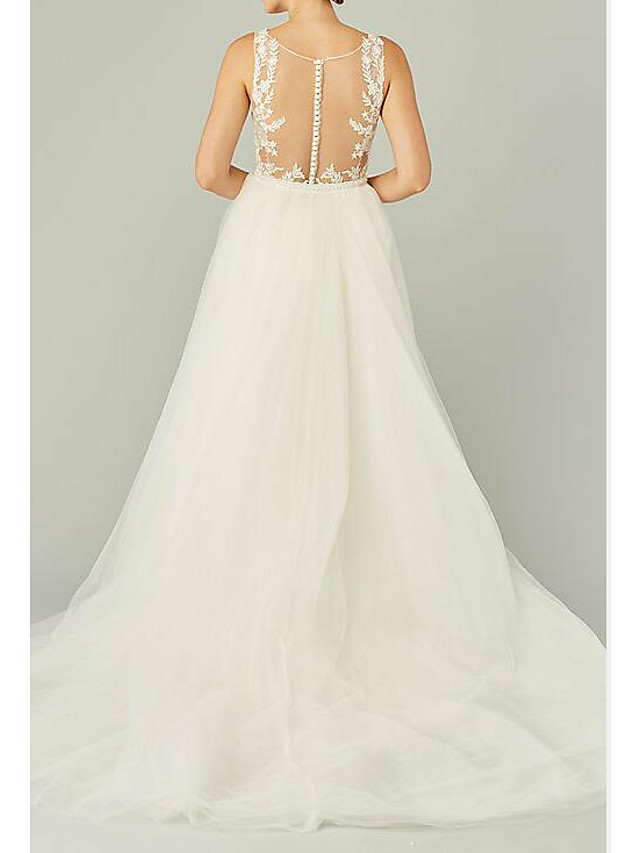 A-line Sleeveless Sweep / Brush Train Tulle Wedding Gown With Lace 2