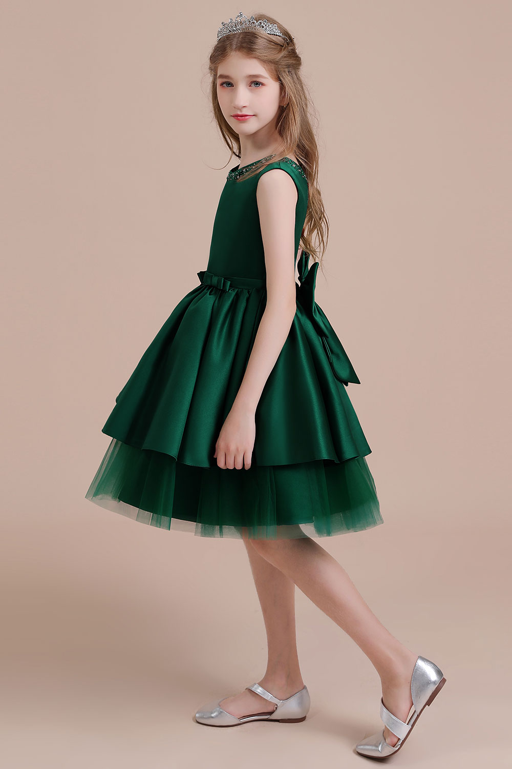 A-line Jewel Neck Sleeveless Knee-length Satin Flower Girl Dress With Bow 5