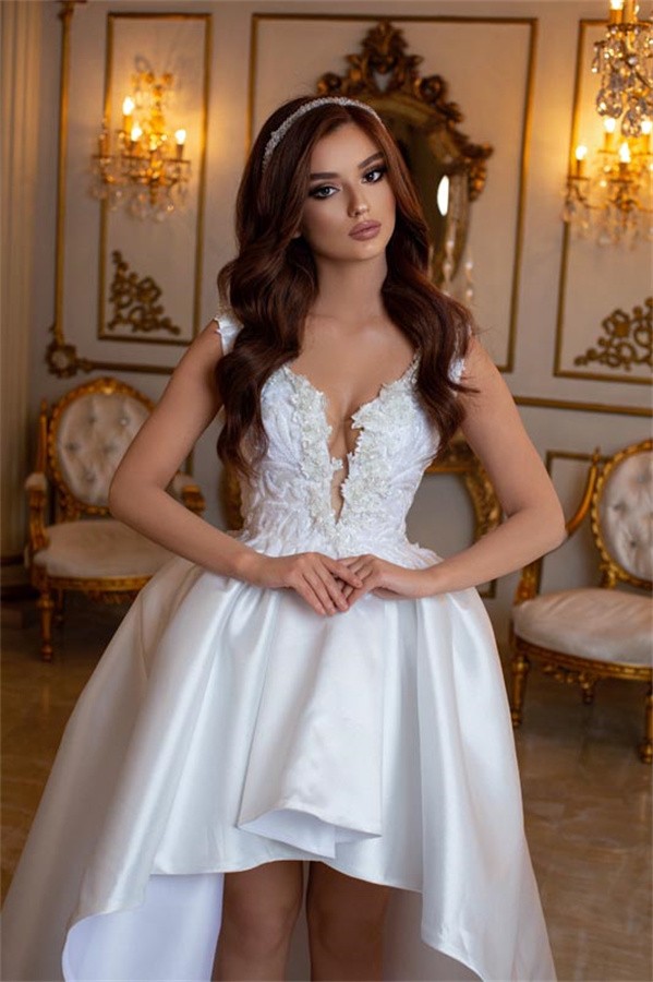 Seraphina Lace Applique Plunging V-Neck High-Low Satin Bridal Gown 3