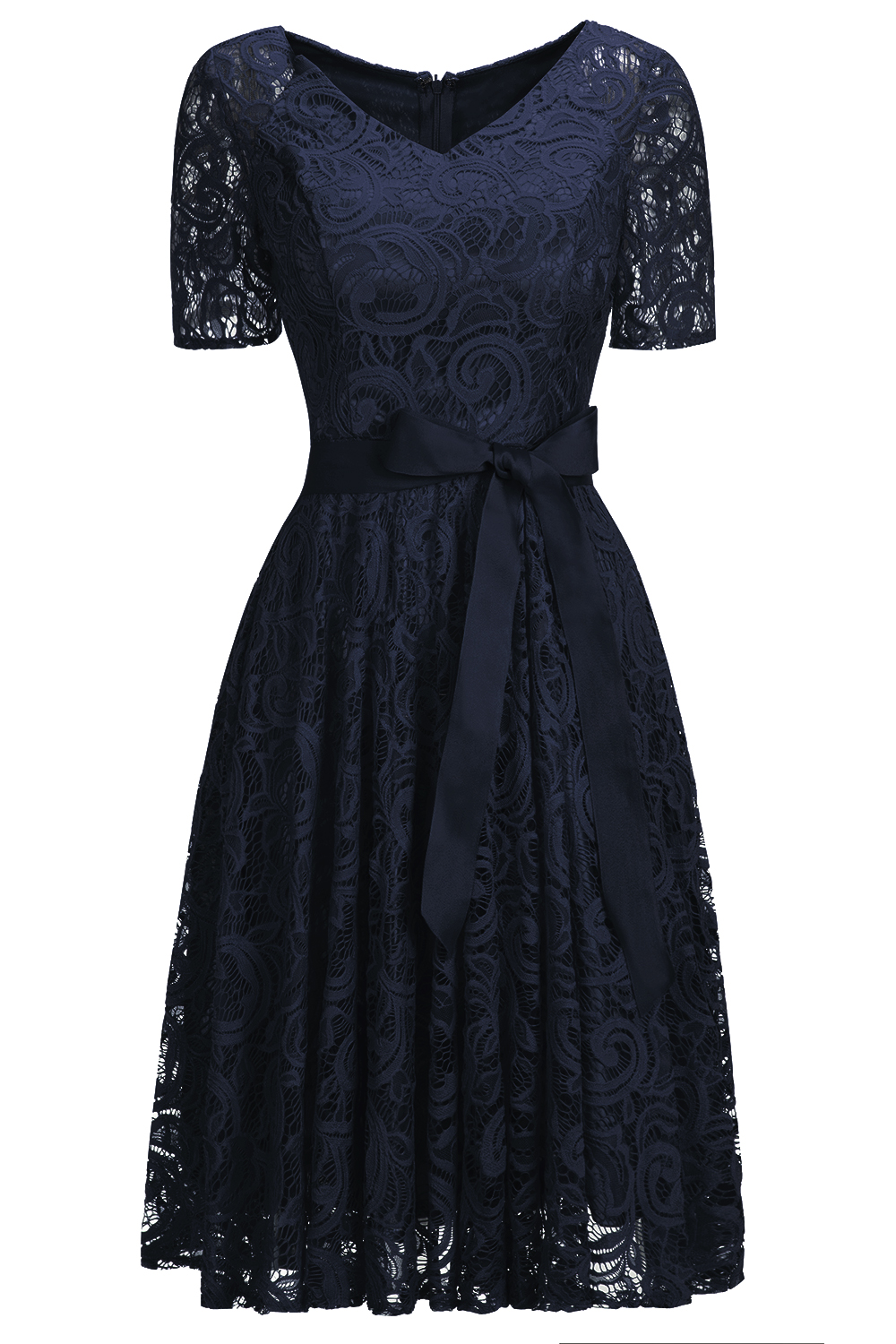 A-line V-neck Short Sleeves Knee-length Lace Bridesmaid Dress With Ribbons 14